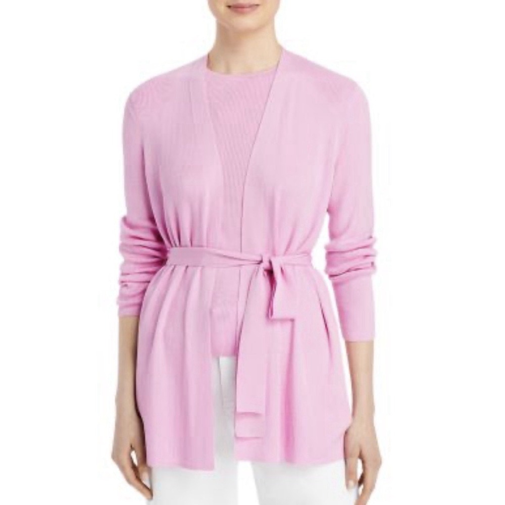 Lafayette 148 New York Belted Cardigan 2X Pink Ribbed Stretchy Silk Blend FLAW